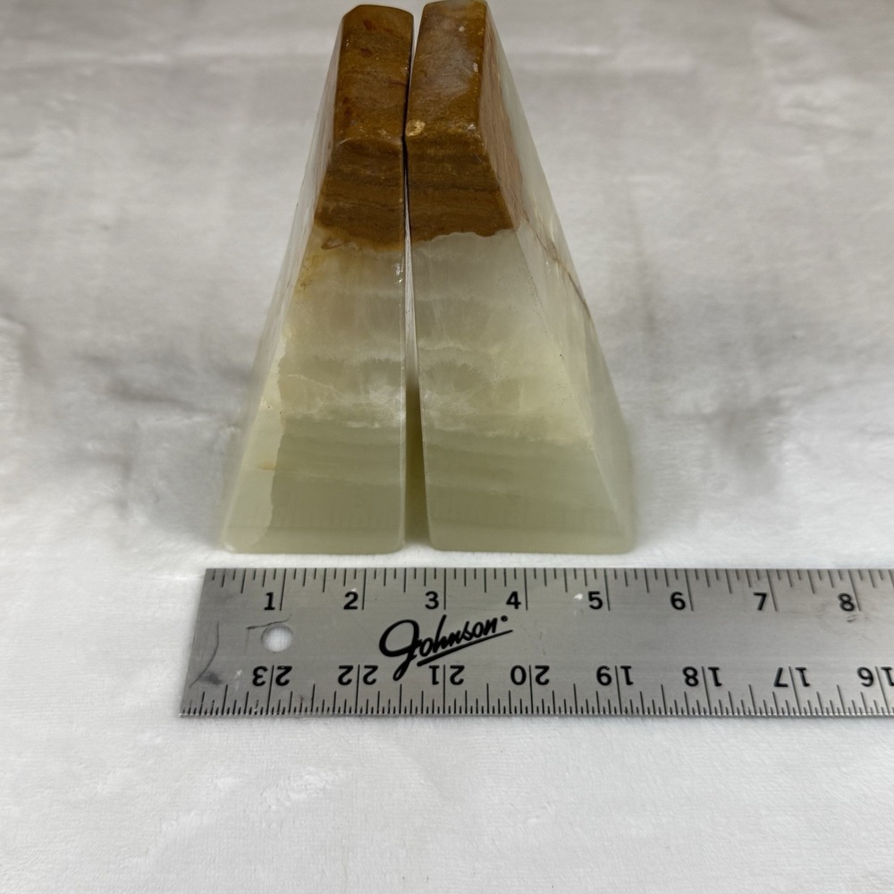 Vintage Green Onyx Marble Bookends Pair Natural Stone Brown Banded 7in Geometric - Picture 5 of 10